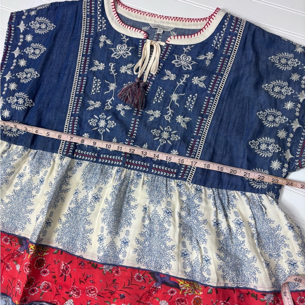 John Mark Embroidered Peasant Top Blue Red Loose Fit Dopamine Cotton XL - Picture 10 of 12